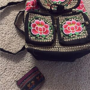 Mexican Floral Embroidered Backpack w/ coin purse